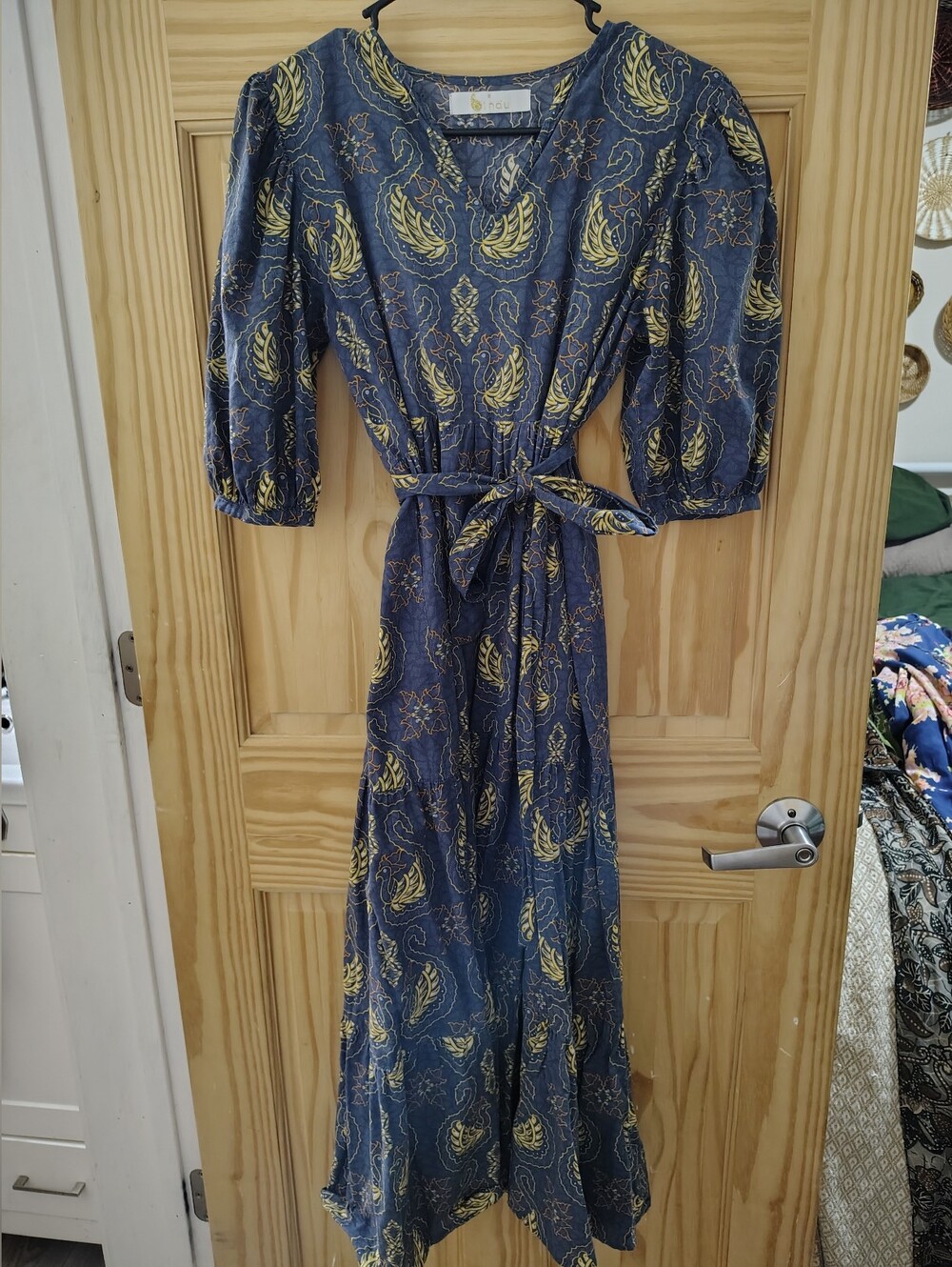 Bindu Blue and Yellow Printed V-Neck Midi Dress with Tie Waist And Puff Sleeves